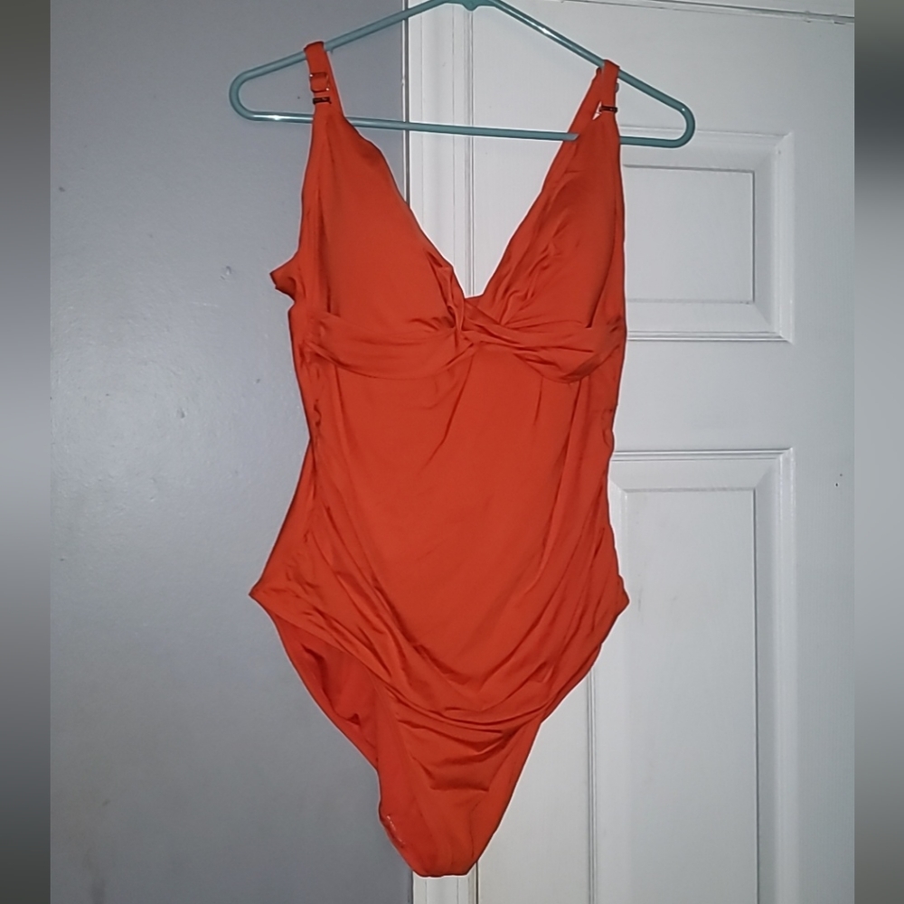 Calvin Klein Womens Orange Twist Front Ruched One Piece Swimsuit Size 16